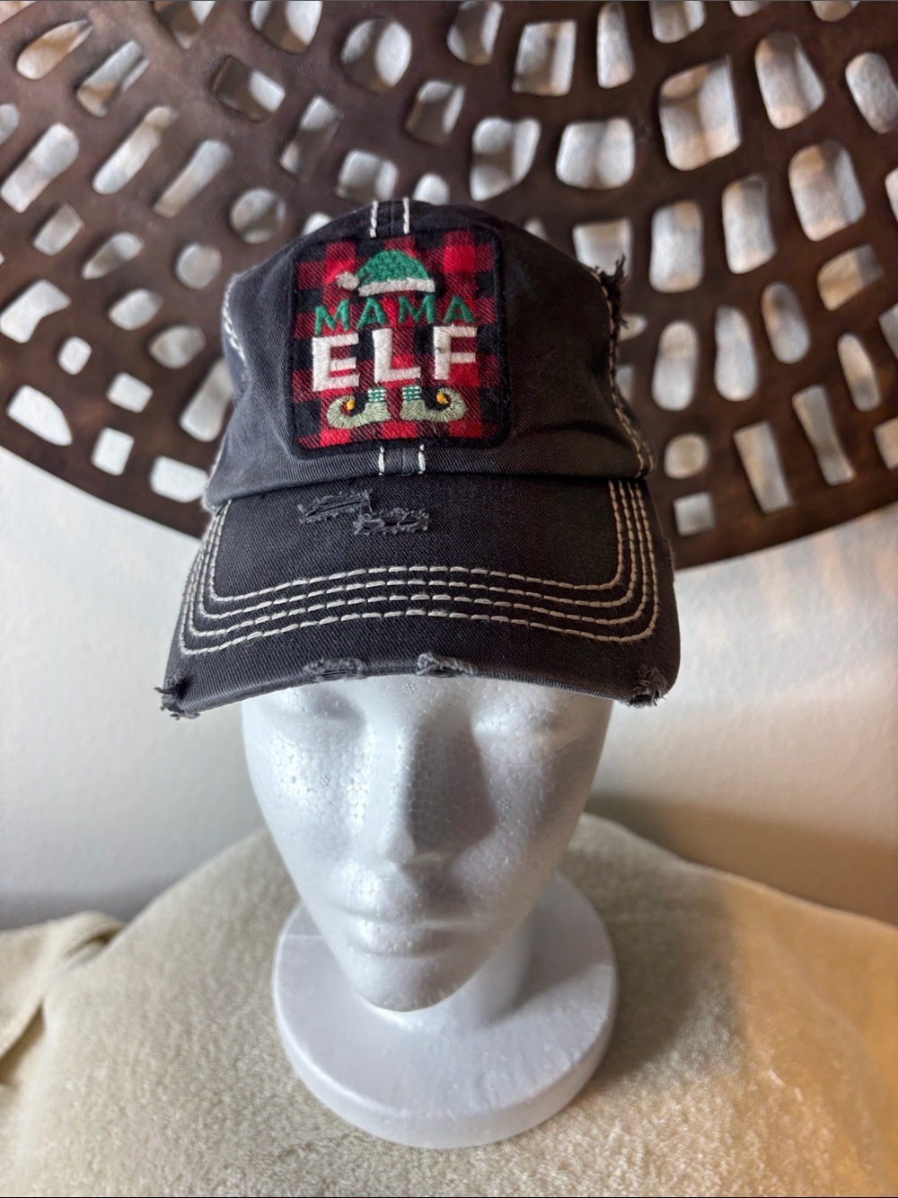 🖤 Mama Elf Embroidered Patch Distressed Black Adjustable Baseball Cap White Sti